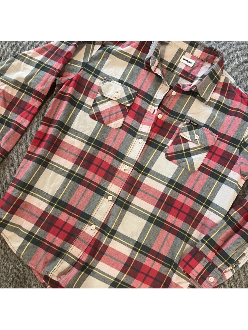 Wrangler Red Plaid Flannel Button Up Shirt Gorpcore Workwear Long Sleeve size L